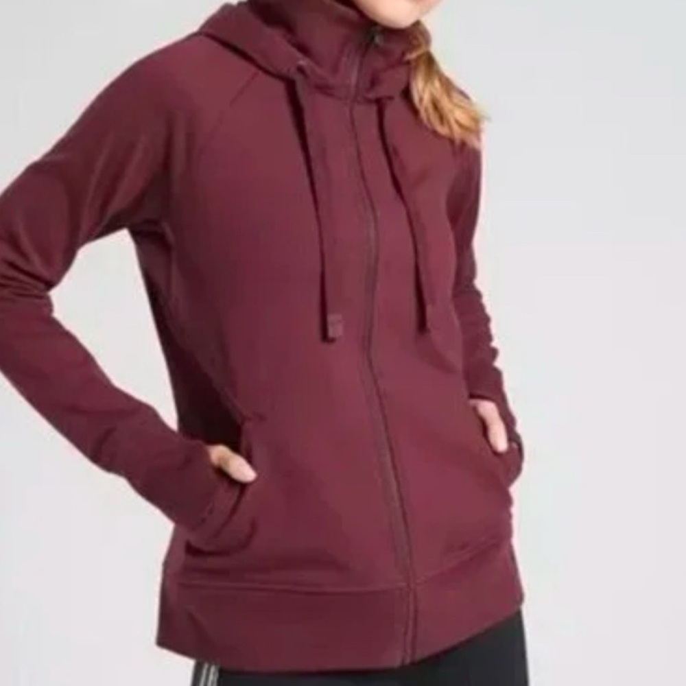 Athleta Triumph Hoodie Large Maroon Burgundy Wine Sweatshirt Full Zip Pockets